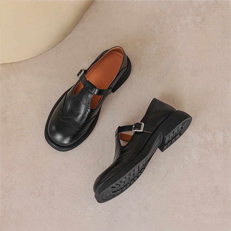 Rosie | Leather T-Strap Mary Jane Brogue Block Heel Shoes