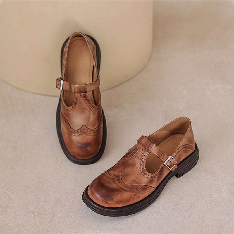 Rosie | Leather T-Strap Mary Jane Brogue Block Heel Shoes