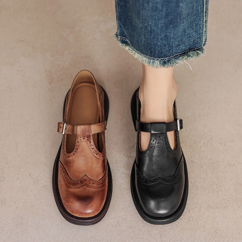 Rosie | Leather T-Strap Mary Jane Brogue Block Heel Shoes