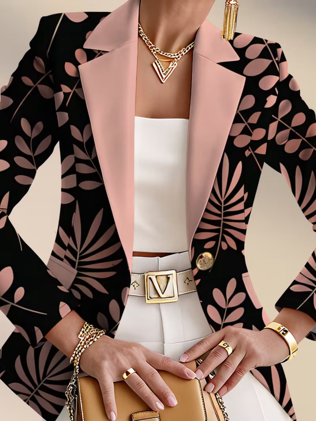 Odaya | Pink Leaf Print Single-Button Blazer