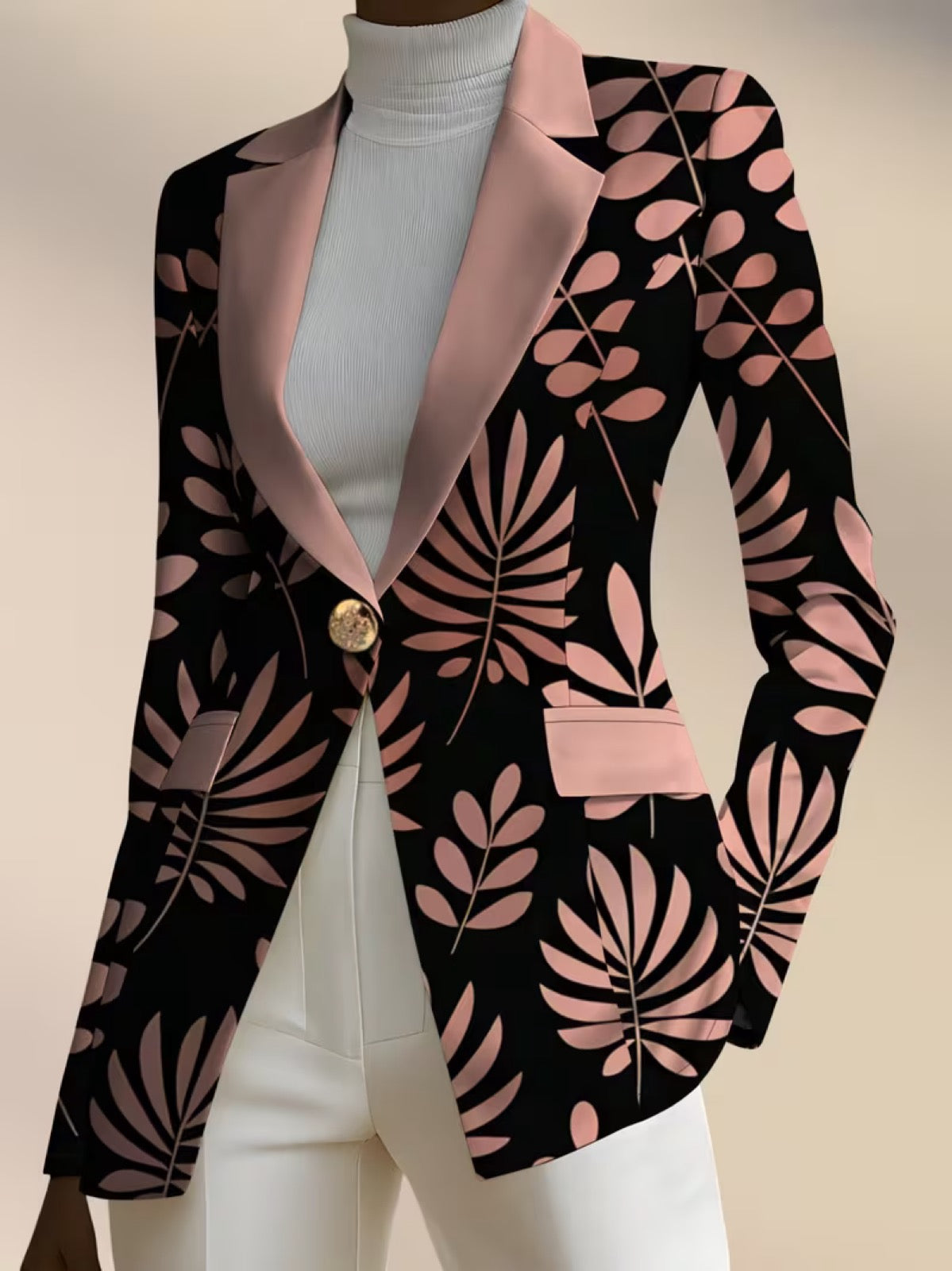 Odaya | Pink Leaf Print Single-Button Blazer