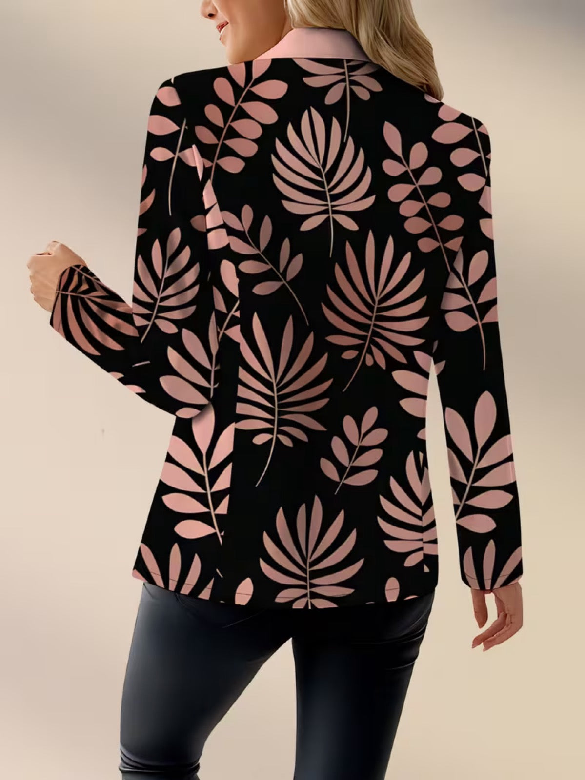 Odaya | Pink Leaf Print Single-Button Blazer