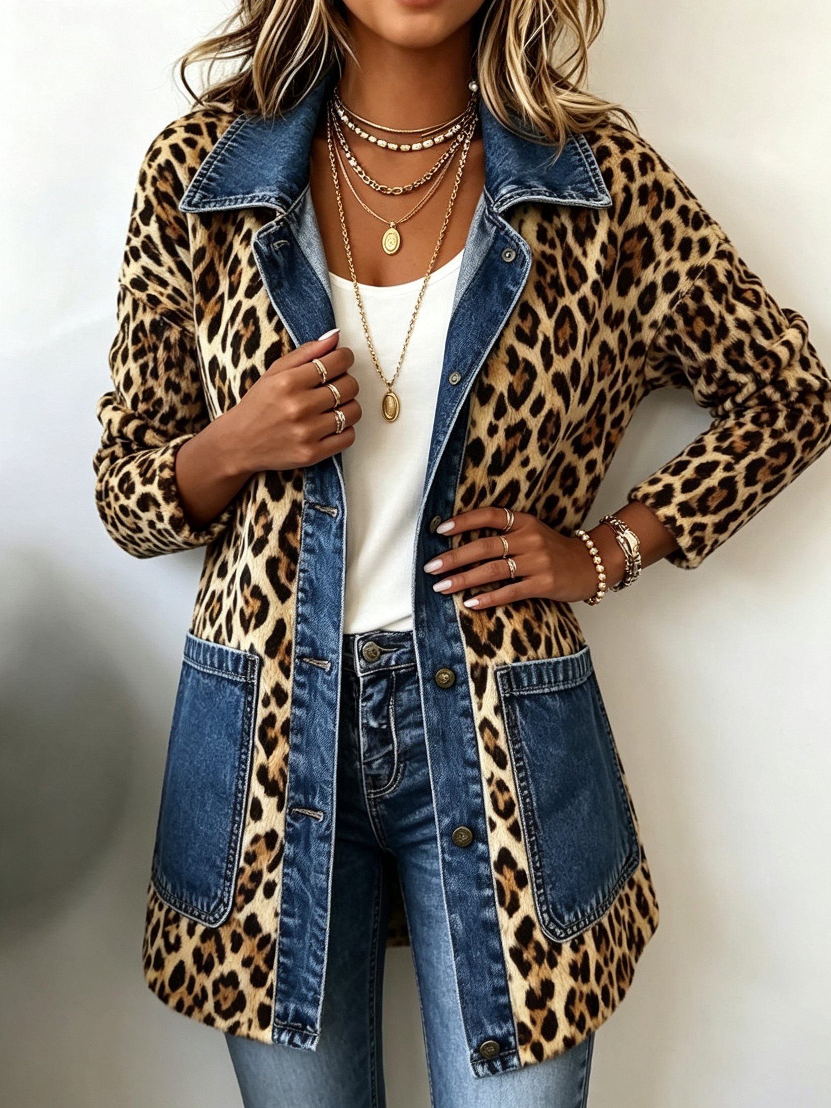 Fablenne | Leopard Print Denim Panel Longline Jacket