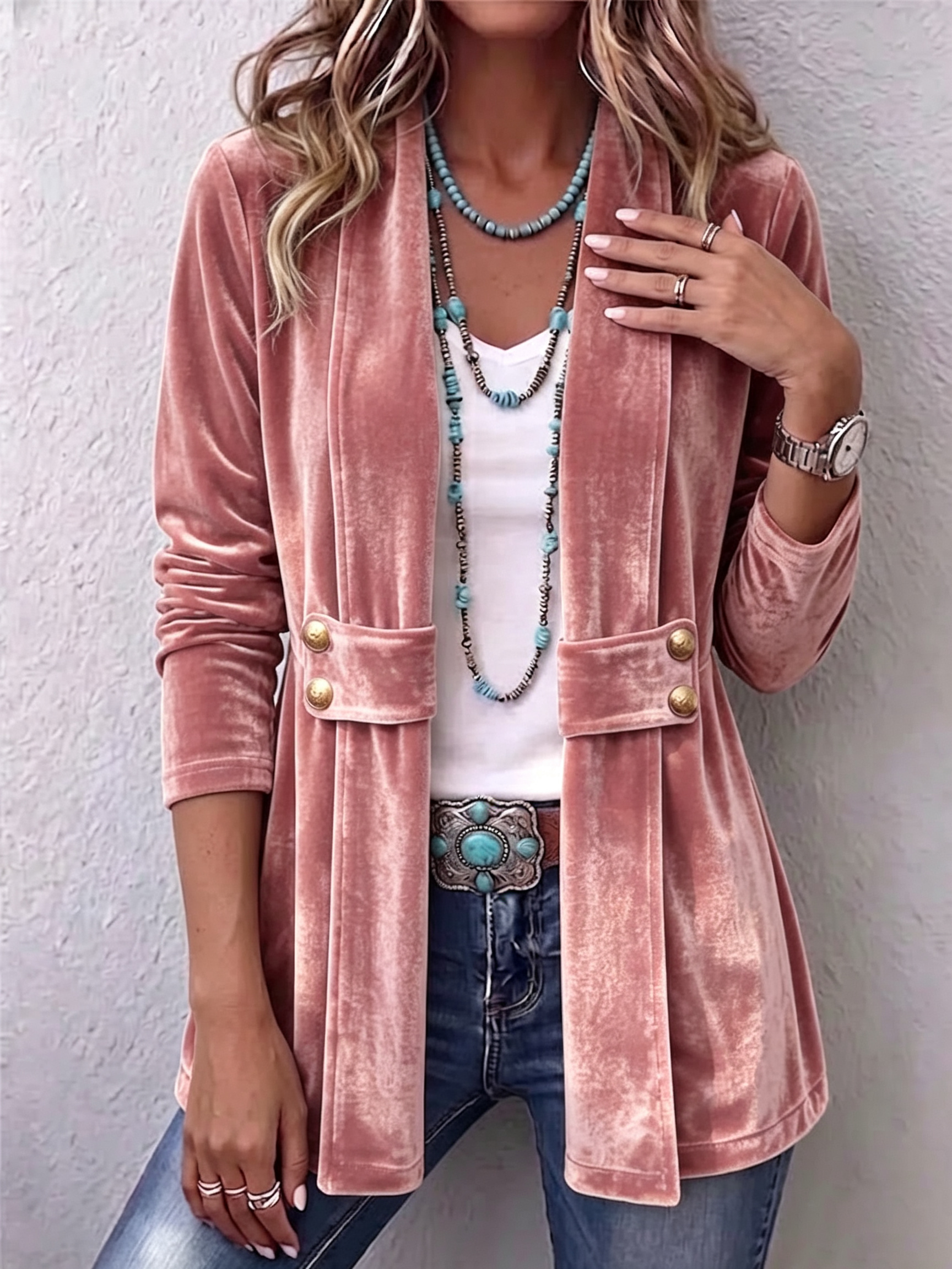 Holliwell | Vintage Lapel Button-Accent Open Front Jacket