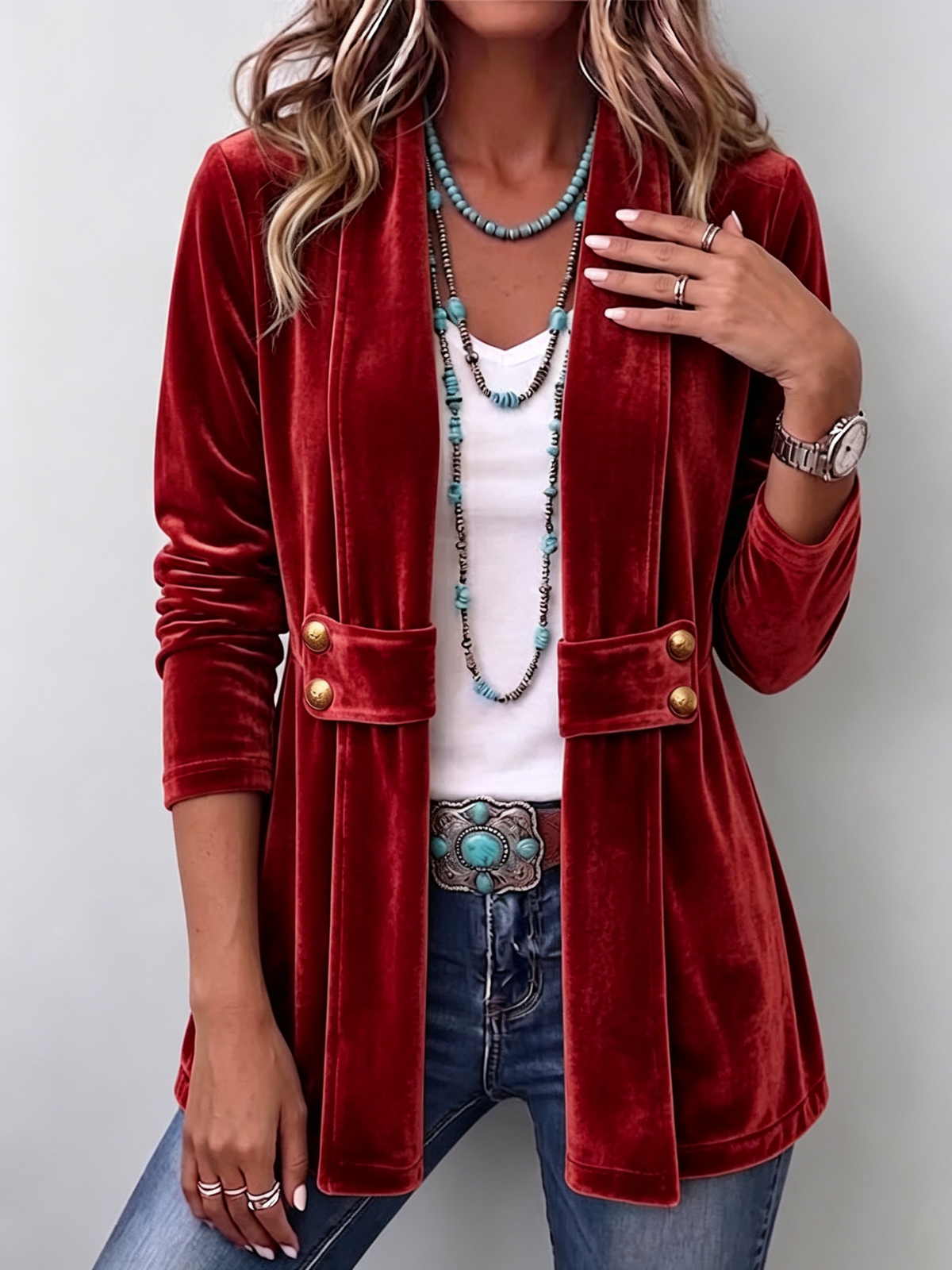 Holliwell | Vintage Lapel Button-Accent Open Front Jacket