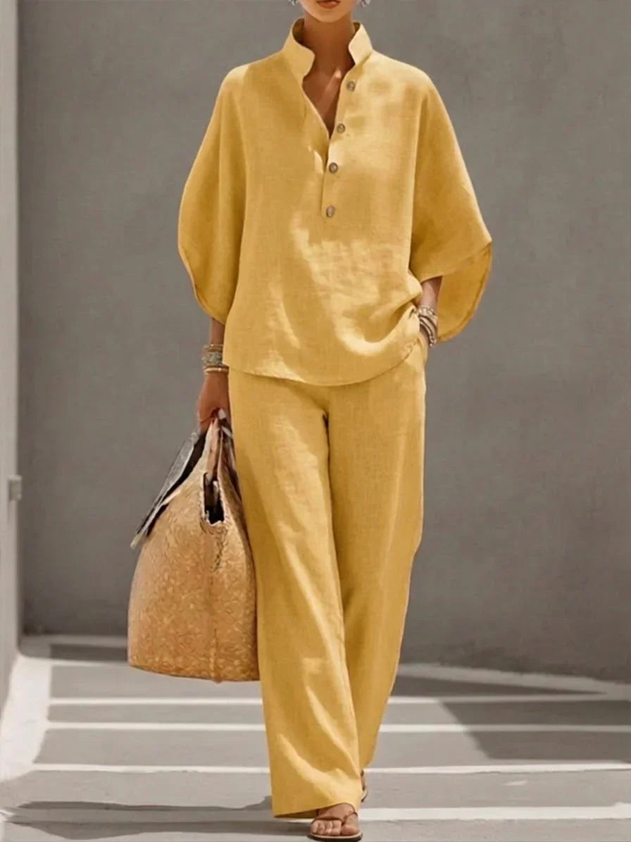 MARIBEL | LINEN SET WITH BATWING SLEEVES AND WIDE-LEG TROUSERS