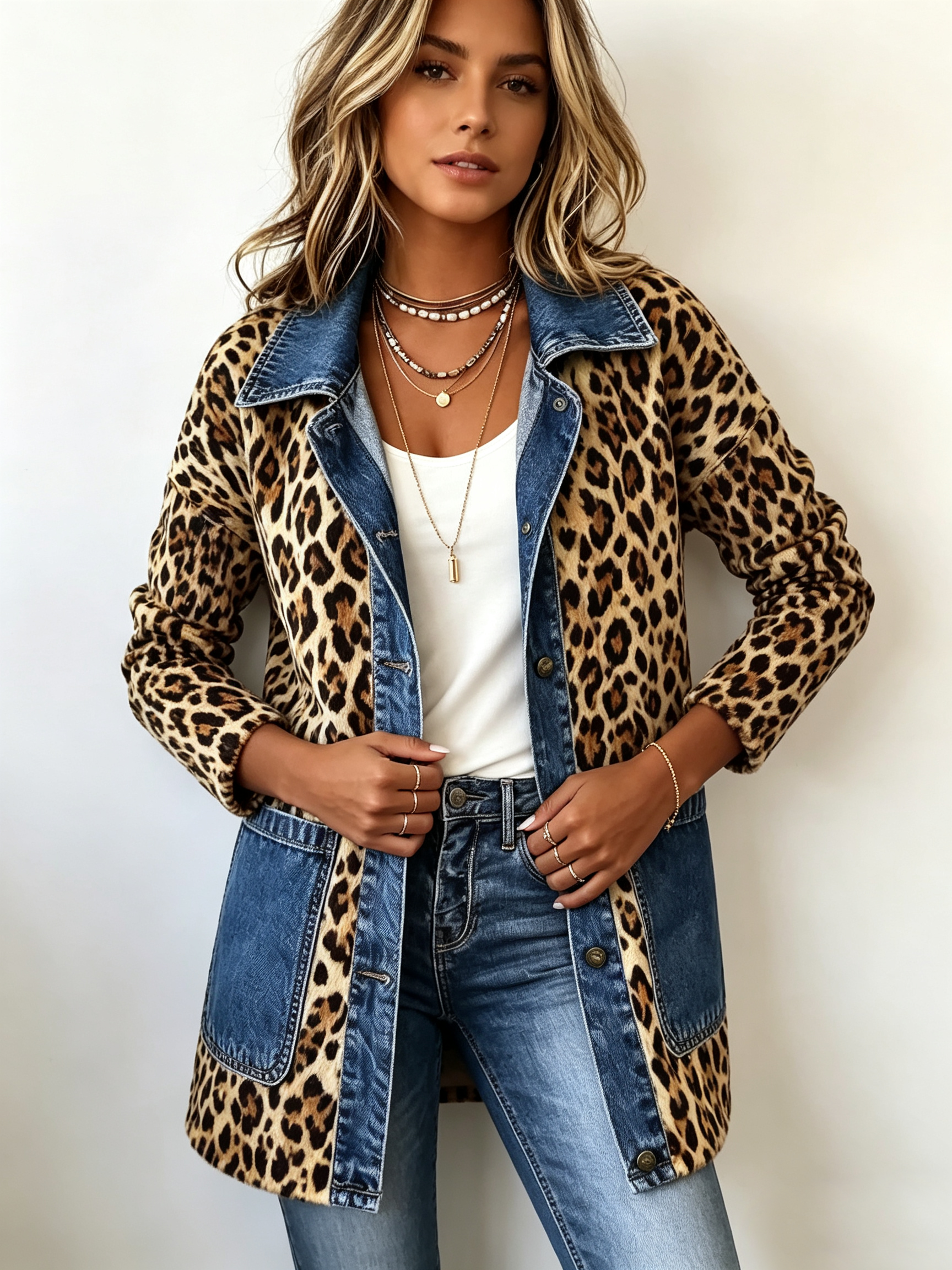 Fablenne | Leopard Print Denim Panel Longline Jacket