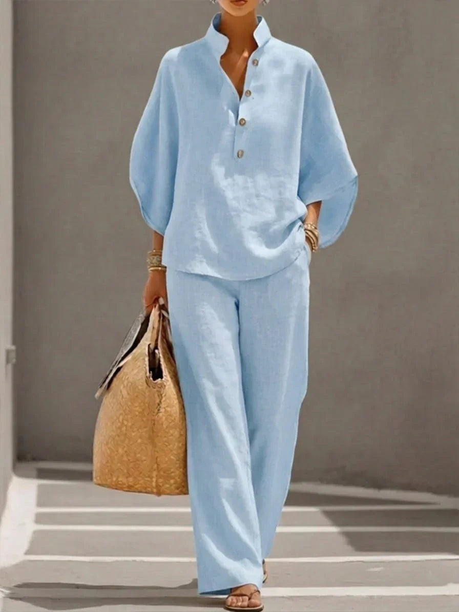 MARIBEL | LINEN SET WITH BATWING SLEEVES AND WIDE-LEG TROUSERS