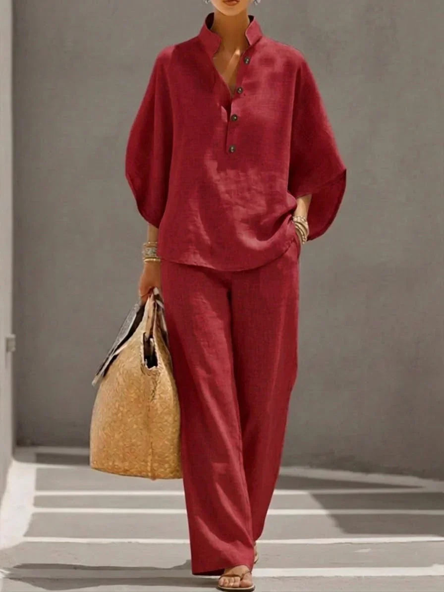MARIBEL | LINEN SET WITH BATWING SLEEVES AND WIDE-LEG TROUSERS