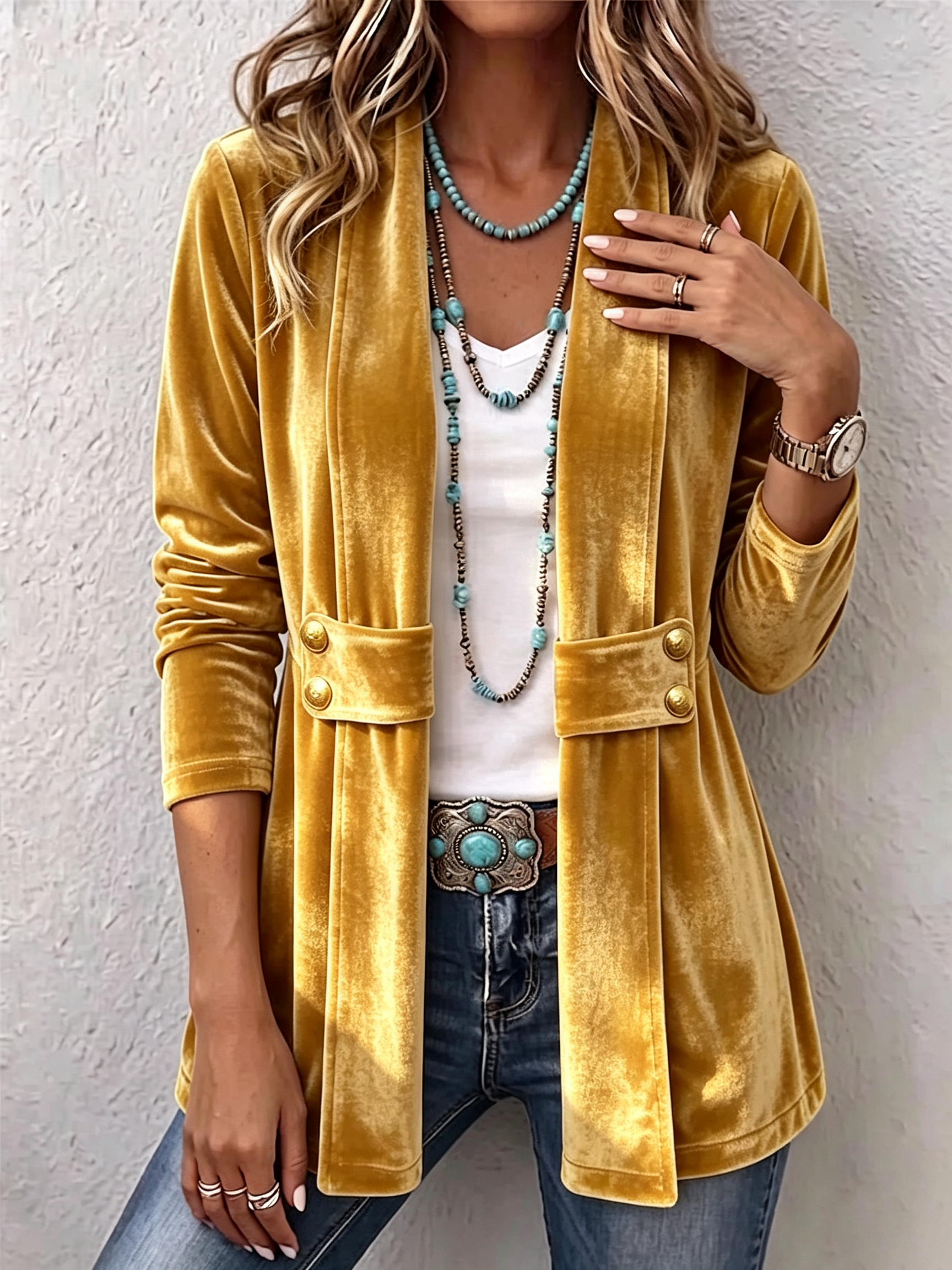 Holliwell | Vintage Lapel Button-Accent Open Front Jacket