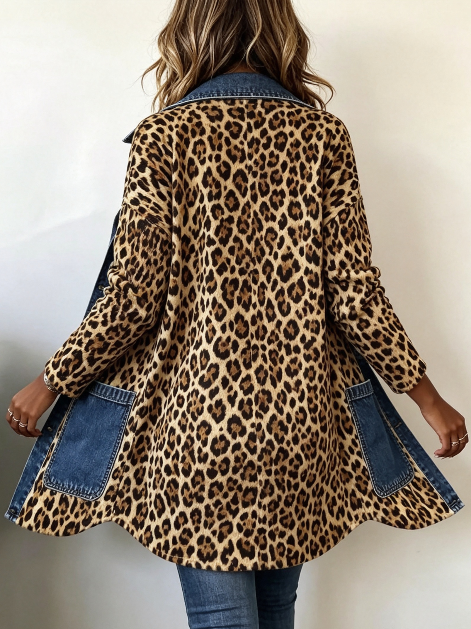 Fablenne | Leopard Print Denim Panel Longline Jacket