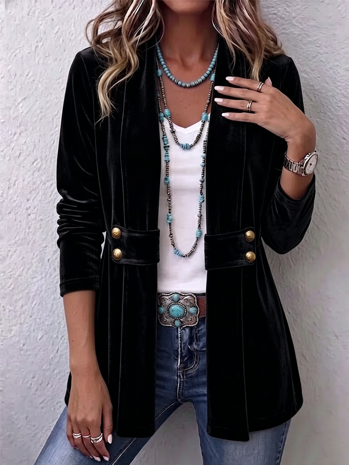 Holliwell | Vintage Lapel Button-Accent Open Front Jacket
