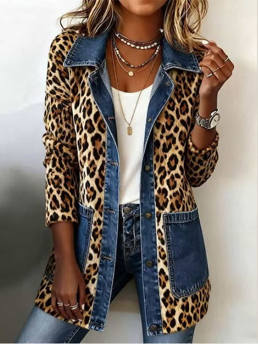 Fablenne | Leopard Print Denim Panel Longline Jacket