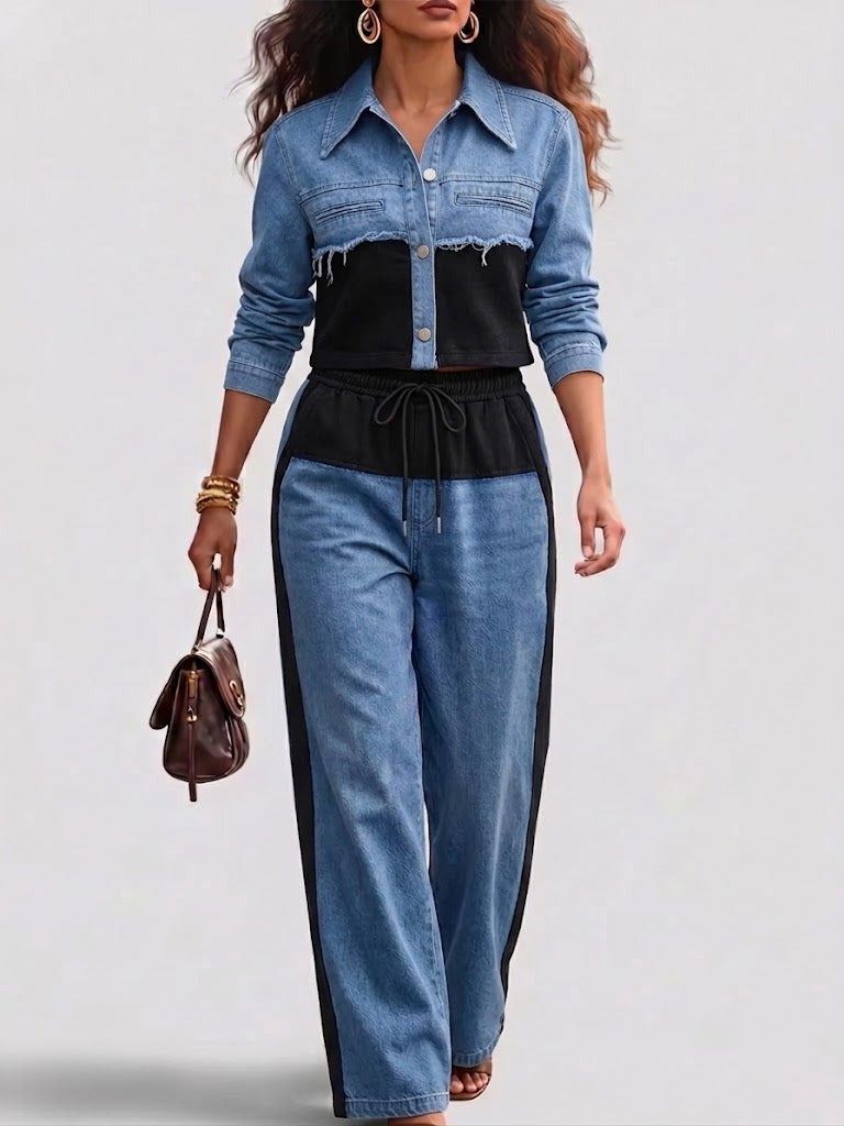 Holbrook | Colour-Block Cropped Jacket & Wide-Leg Trouser Set