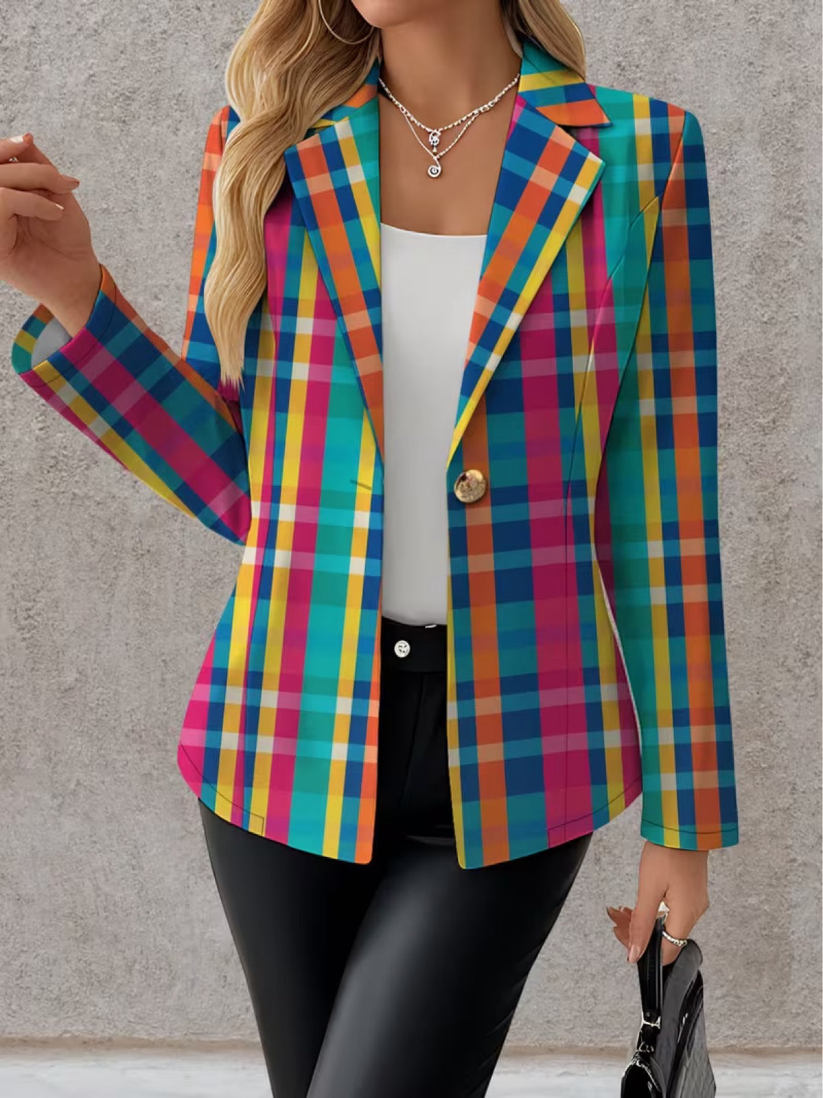 Rosaline | Rainbow Plaid Single-Button Blazer