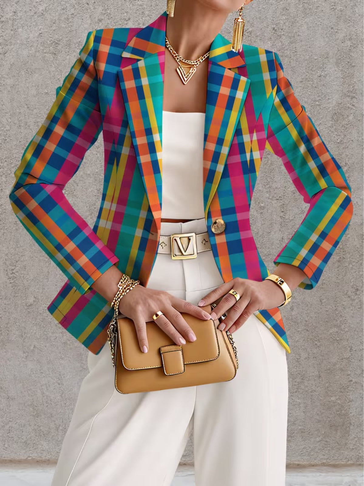 Rosaline | Rainbow Plaid Single-Button Blazer