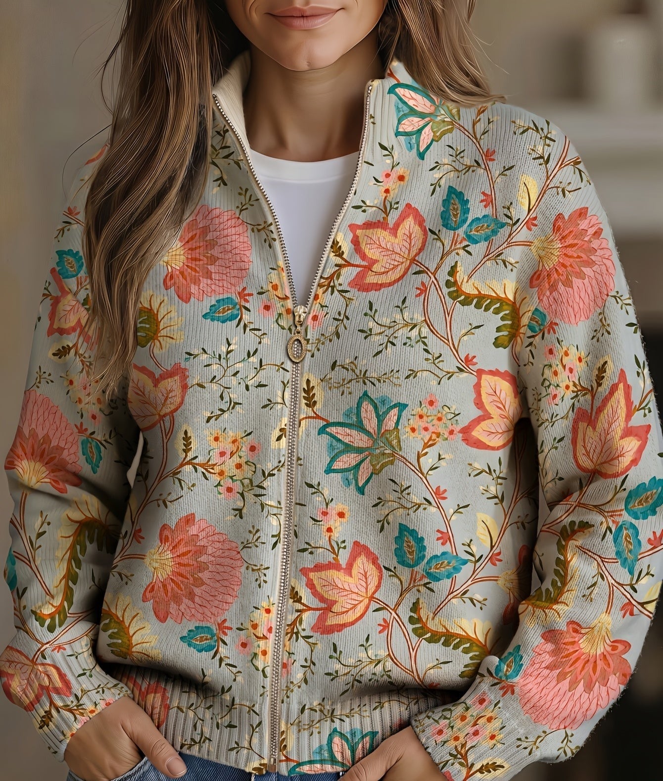 Xanthe | Vintage Floral Garden Print Zip Cardigan