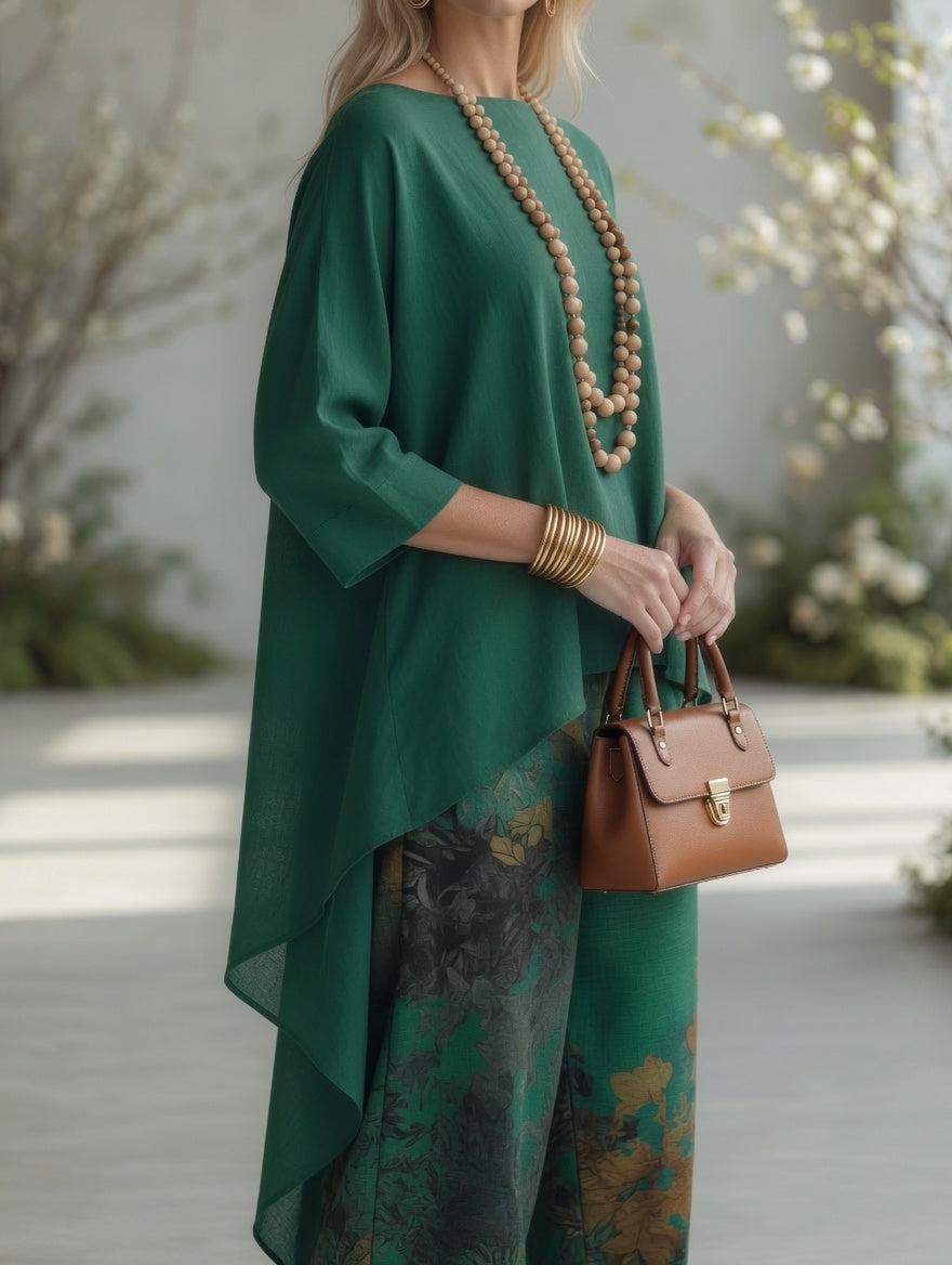 Elowen | Botanical Print High-Low Tunic & Wide-Leg Set